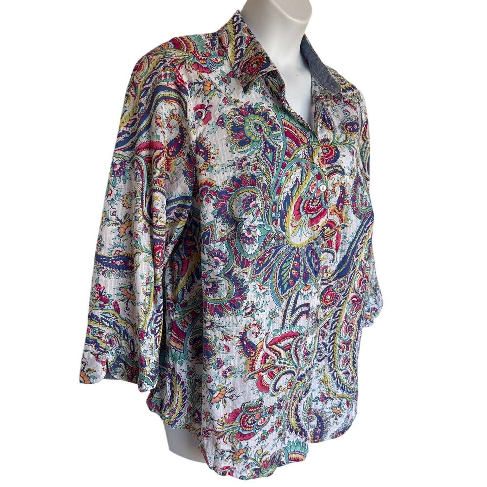 Allison Daley Plus Textured Cotton Paisley Button Up w Chambray Trim size 22W - Picture 5 of 12